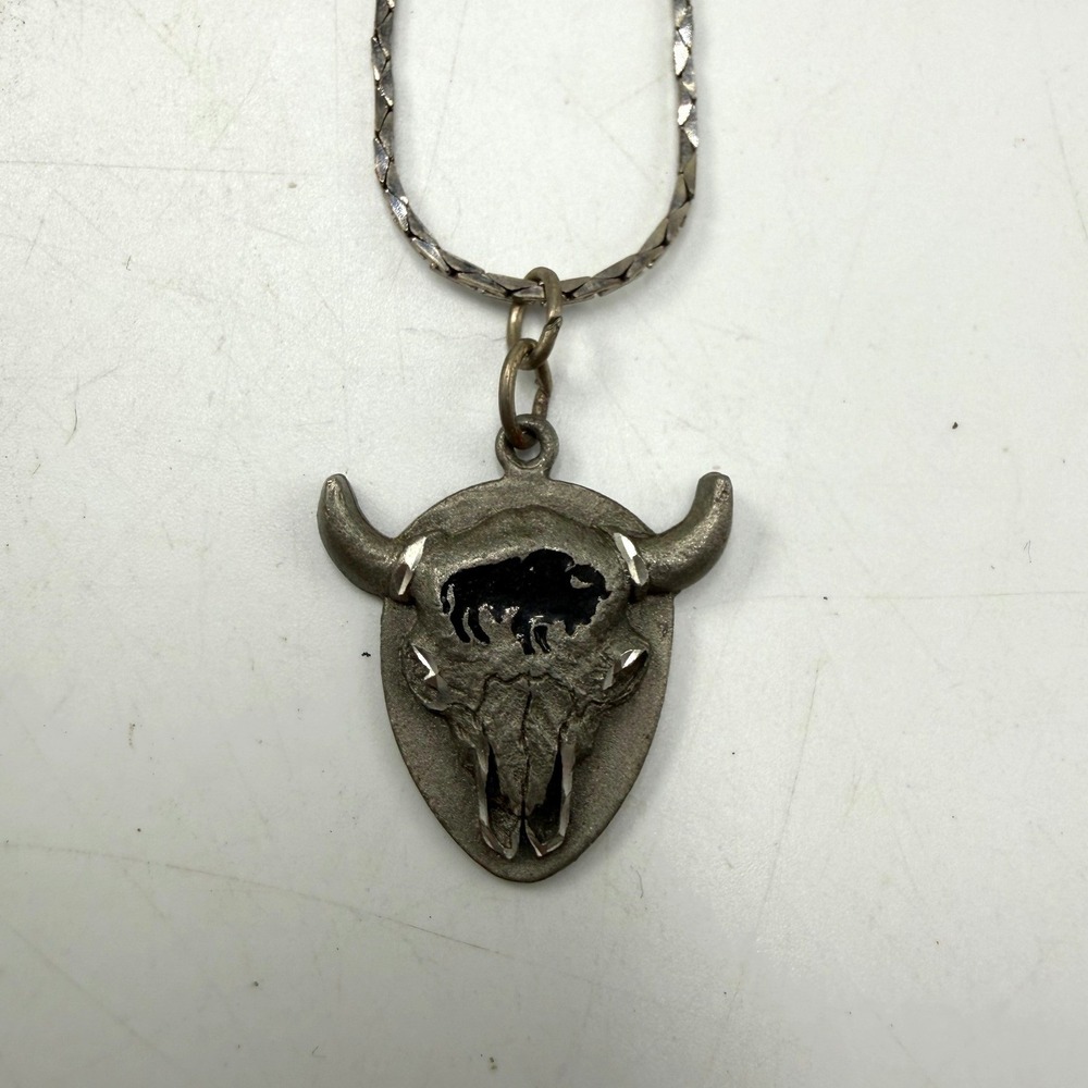 Vtg Sisko 210 Bull Skull Steer Head Pendant Necklace Silver Tone Western‎ 24in